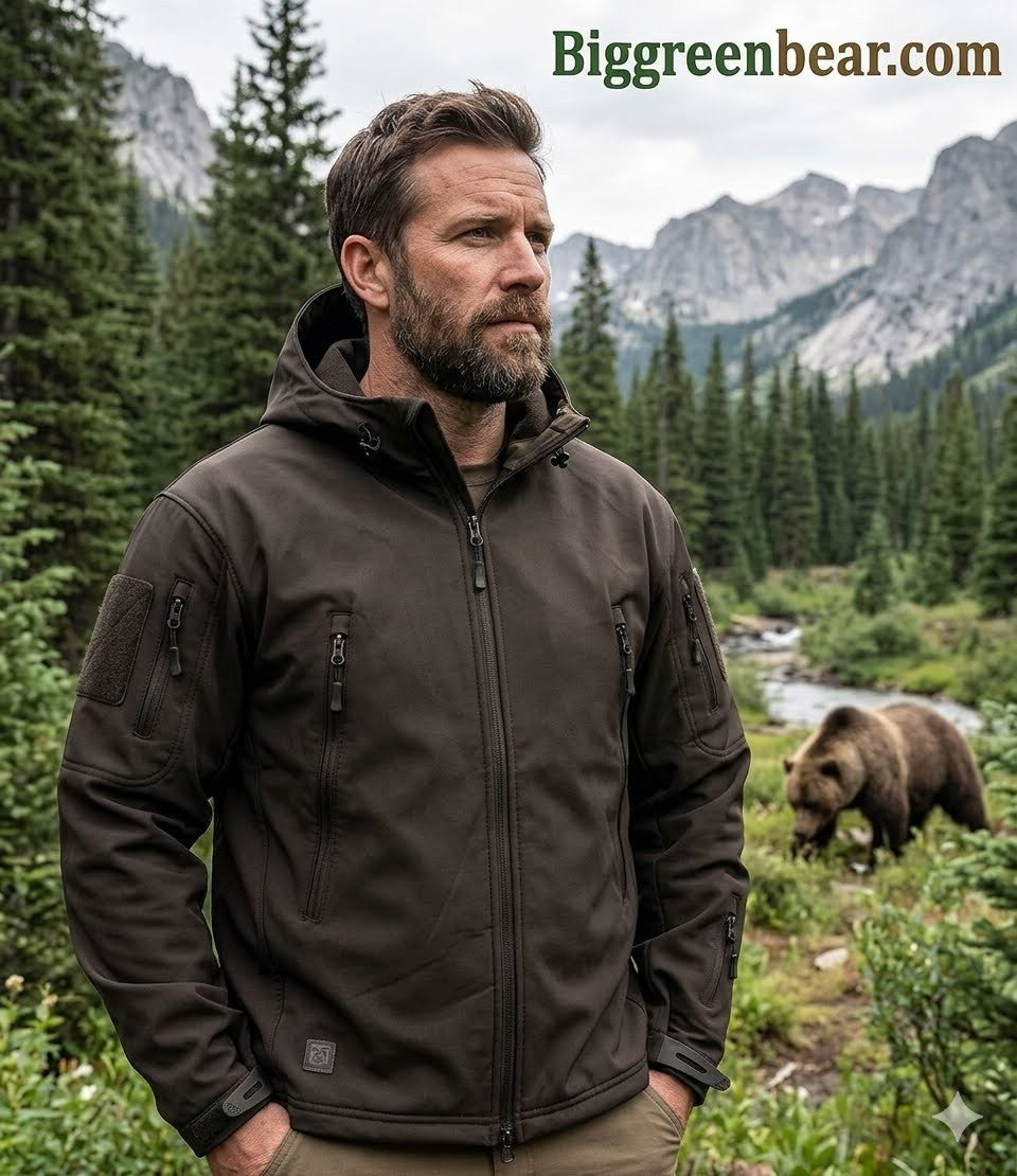 Man wearing a brown jacket in a mountainous forest with a bear in the background, featuring Biggreenbear.com branding.