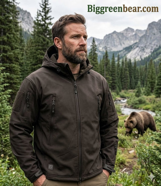 Man wearing a brown jacket in a mountainous forest with a bear in the background, featuring Biggreenbear.com branding.