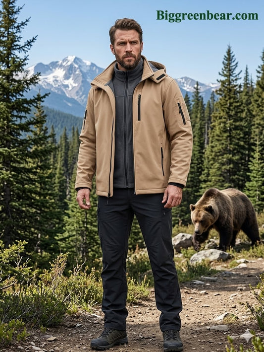 Man wearing a tan jacket standing in a forest with a bear in the background, featuring Biggreenbear.com.