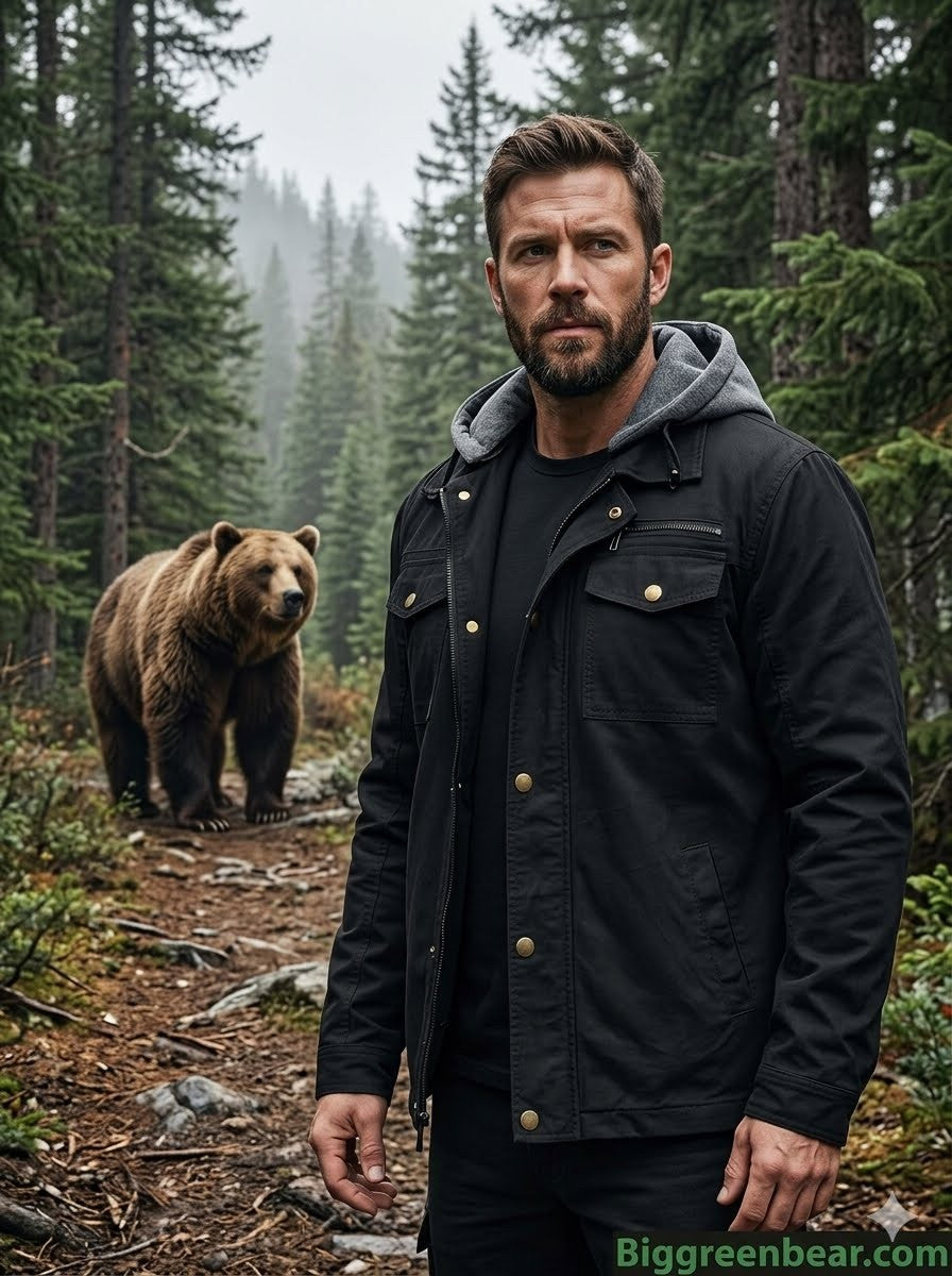 Man standing next to a bear in a forest setting big green bear