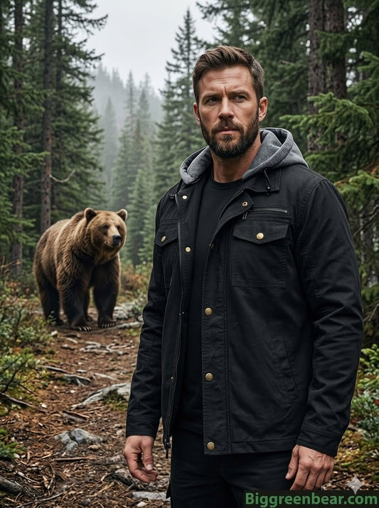 Man standing next to a bear in a forest setting big green bear