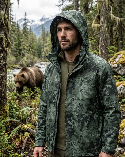 Man in a camouflage jacket standing in a forest with a bear in the background big green bear