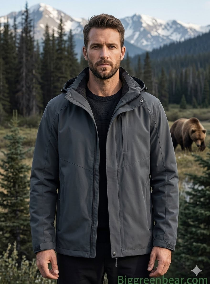 Man wearing a gray jacket standing in a forest with a bear in the background big green bear