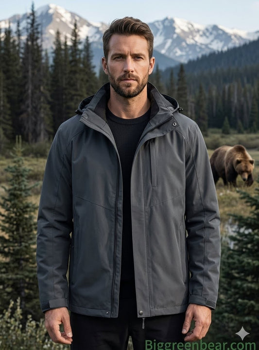 Man wearing a gray jacket standing in a forest with a bear in the background big green bear