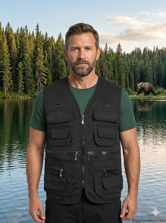 Man wearing a black vest standing by a lake with trees and a bear in the background big green bear