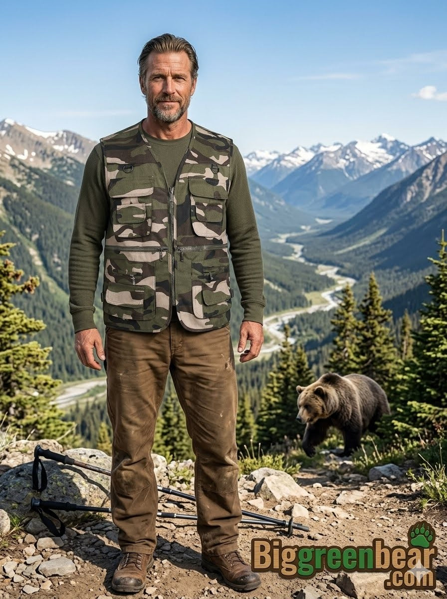 Man in camouflage vest and brown pants standing in a mountainous landscape with a bear in the background, featuring 'Biggreenbear.com' logo.