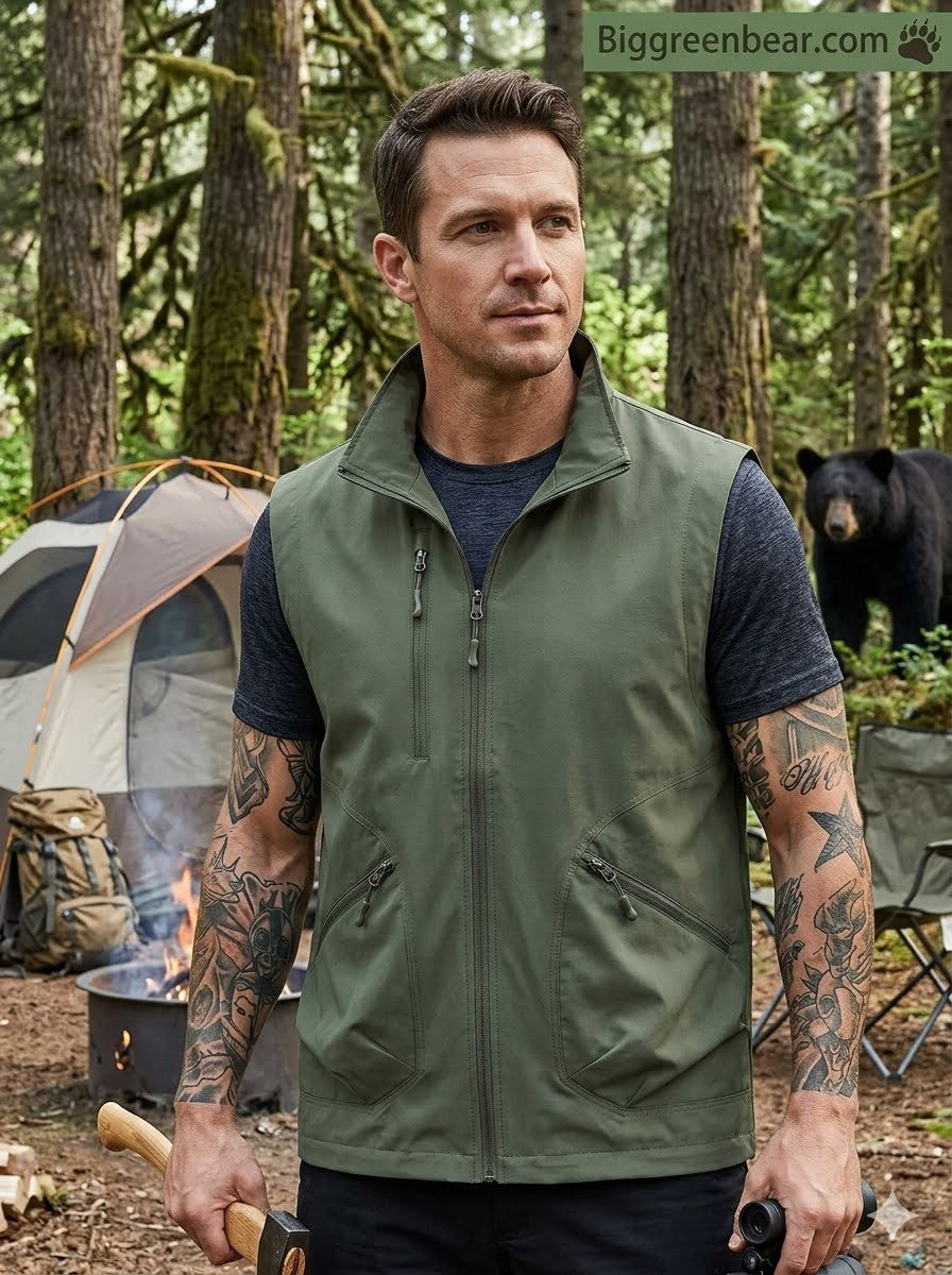 Man wearing a green vest in a forest setting with a bear in the background biggreenbear.com