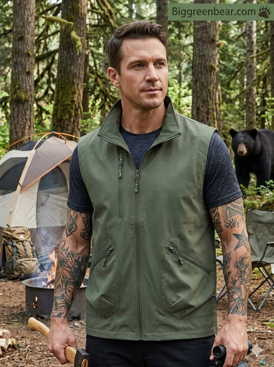 Man wearing a green vest in a forest setting with a bear in the background biggreenbear.com