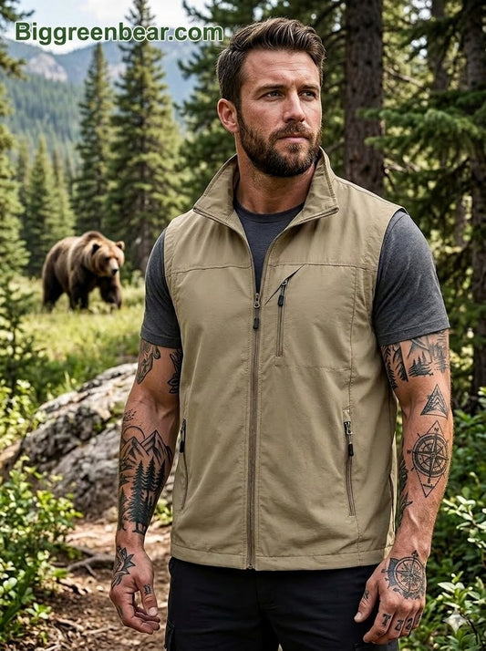 Man wearing a beige vest in a forest with a bear in the background big green bear