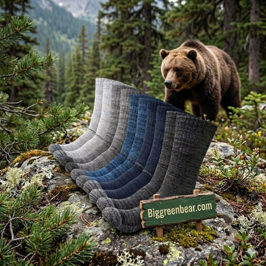 Set of gray and blue socks displayed outdoors with a bear in the background big green bear