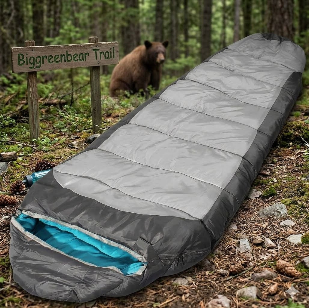 Gray sleeping bag on the ground with a bear and 'Biggreenbear Trail' sign in the background.