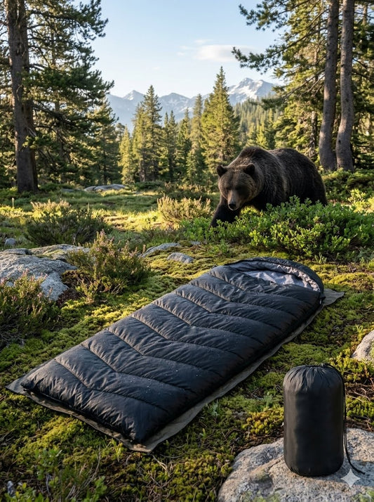 Black sleeping bag on the ground with a bear in the background in a forest setting big green bear