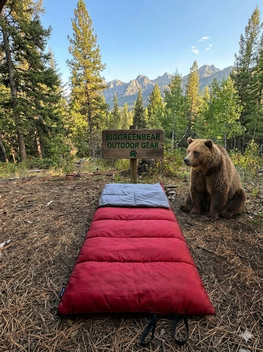 Bear sitting next to a sleeping pad with a 'Big Green Bear Outdoor Gear' sign in a forest setting.