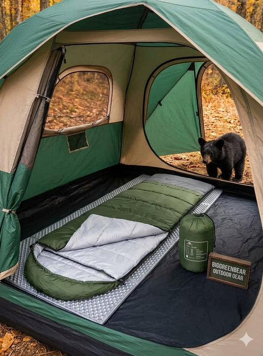 Camping setup with a tent, sleeping pad, and bear canister in a natural setting. big green bear