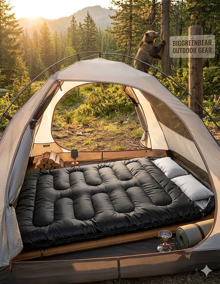 Camping tent with a mattress inside, surrounded by nature with a bear in the background. big green bear