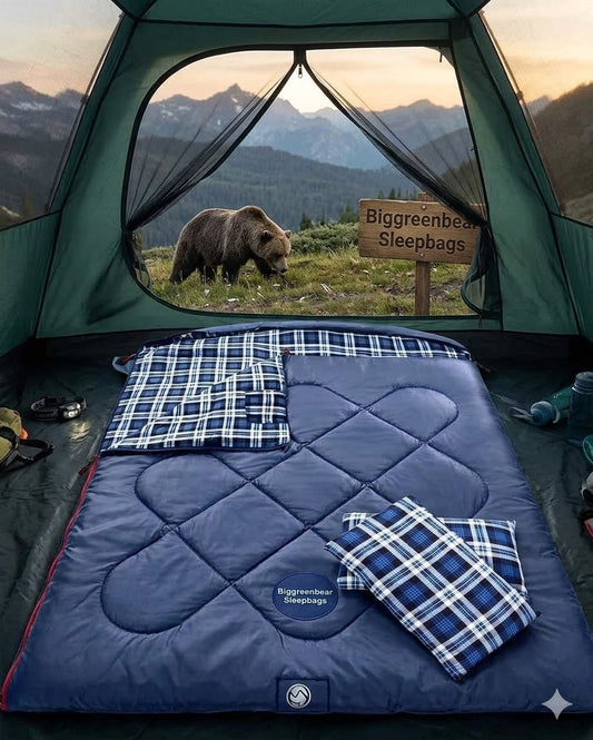 Camping scene with a bear outside a tent, featuring Biggreenie Sleepbags branding. Big green bear