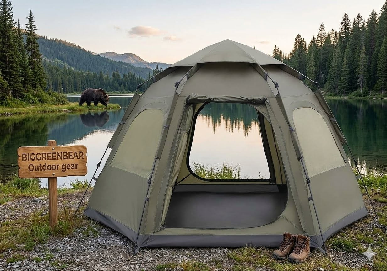 Camping tent by a lake with mountains in the background