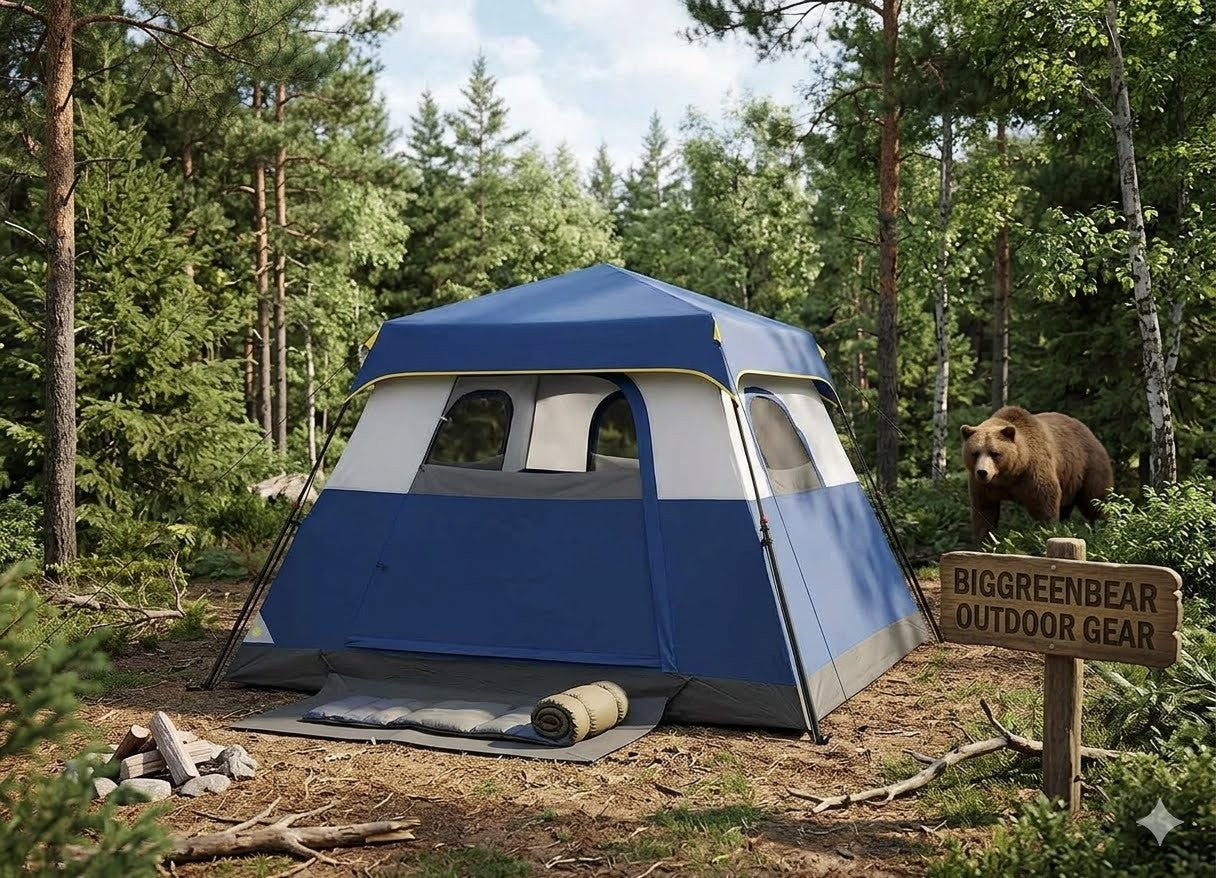 Blue and white tent in a forest with a bear and 'BIGGREENBEAR OUTDOOR GEAR' sign.