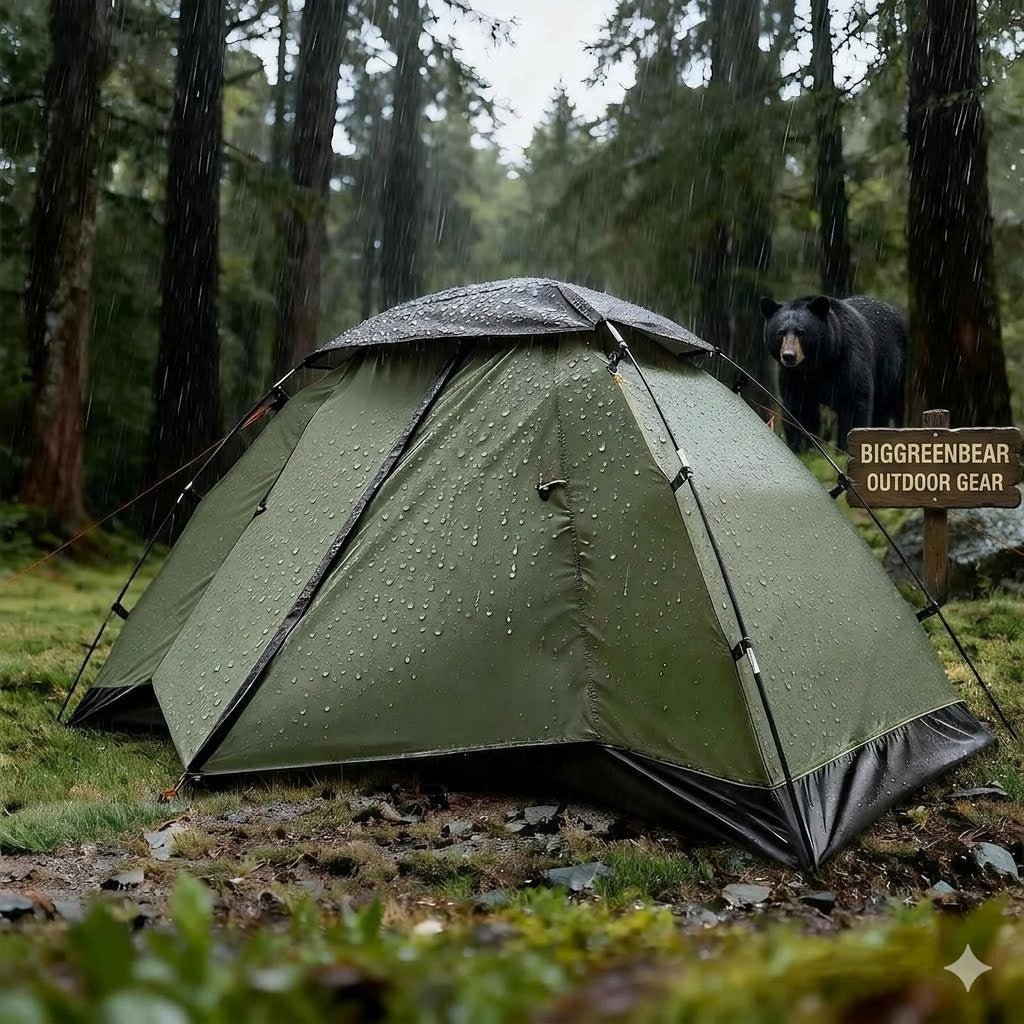 Green tent in a forest with a bear and 'BIGGREENBEAR OUTDOOR GEAR' branding.
