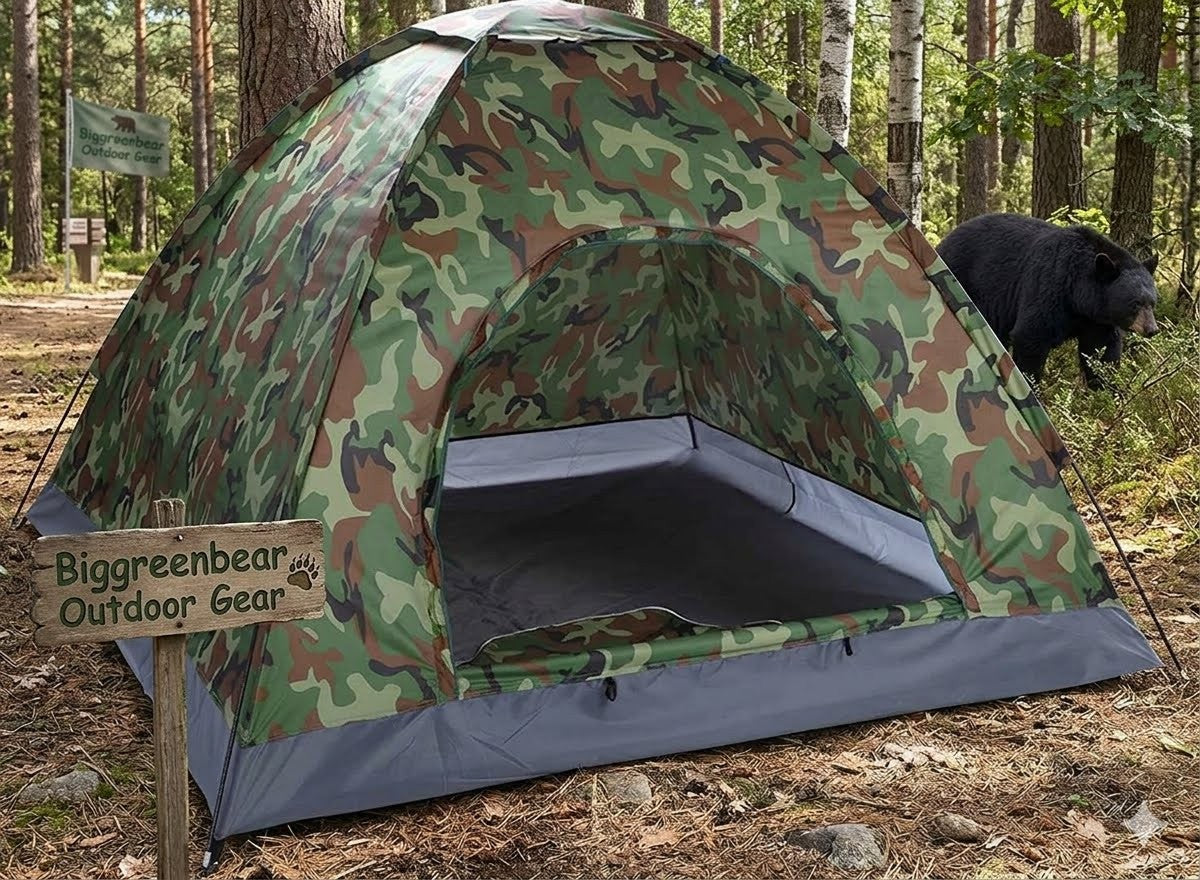 Camouflage tent in a forest with a bear in the background, branded 'Biggreenbear Outdoor Gear'.