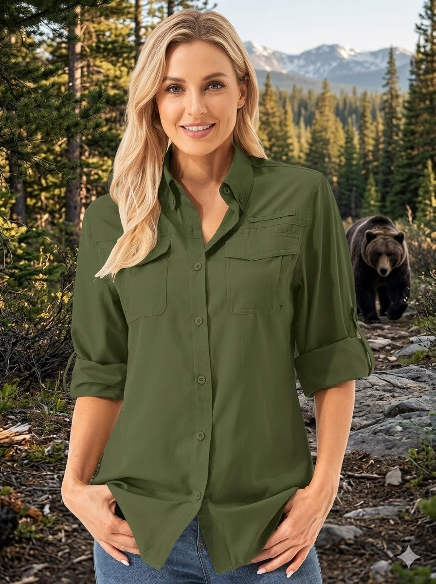 Woman wearing a green shirt standing in a forest with a bear in the background big green bear