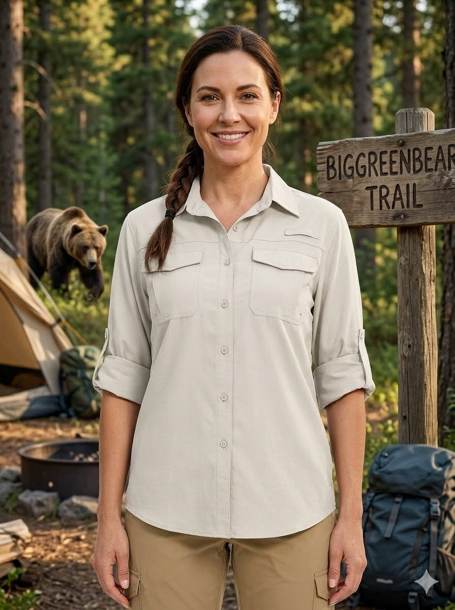 Woman standing in a forest with a bear, tent, and 'Biggreenbear Trail' sign in the background.