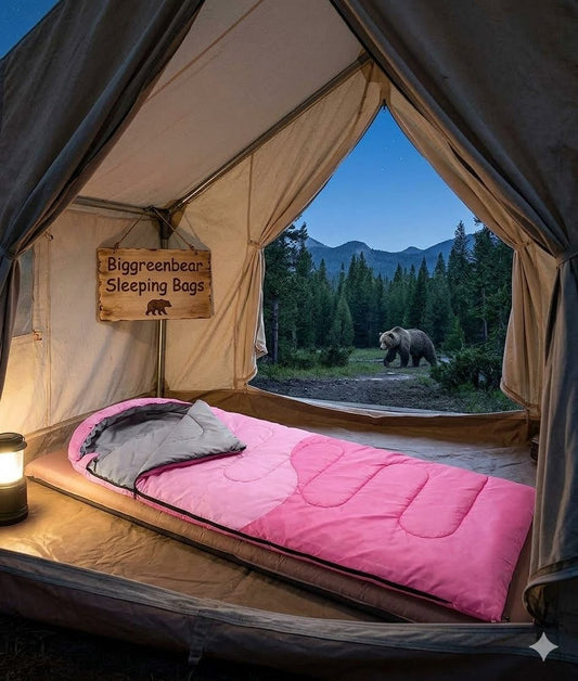 Pink sleeping bag on a camping bed with a bear and forest view outside the tent. big green bear