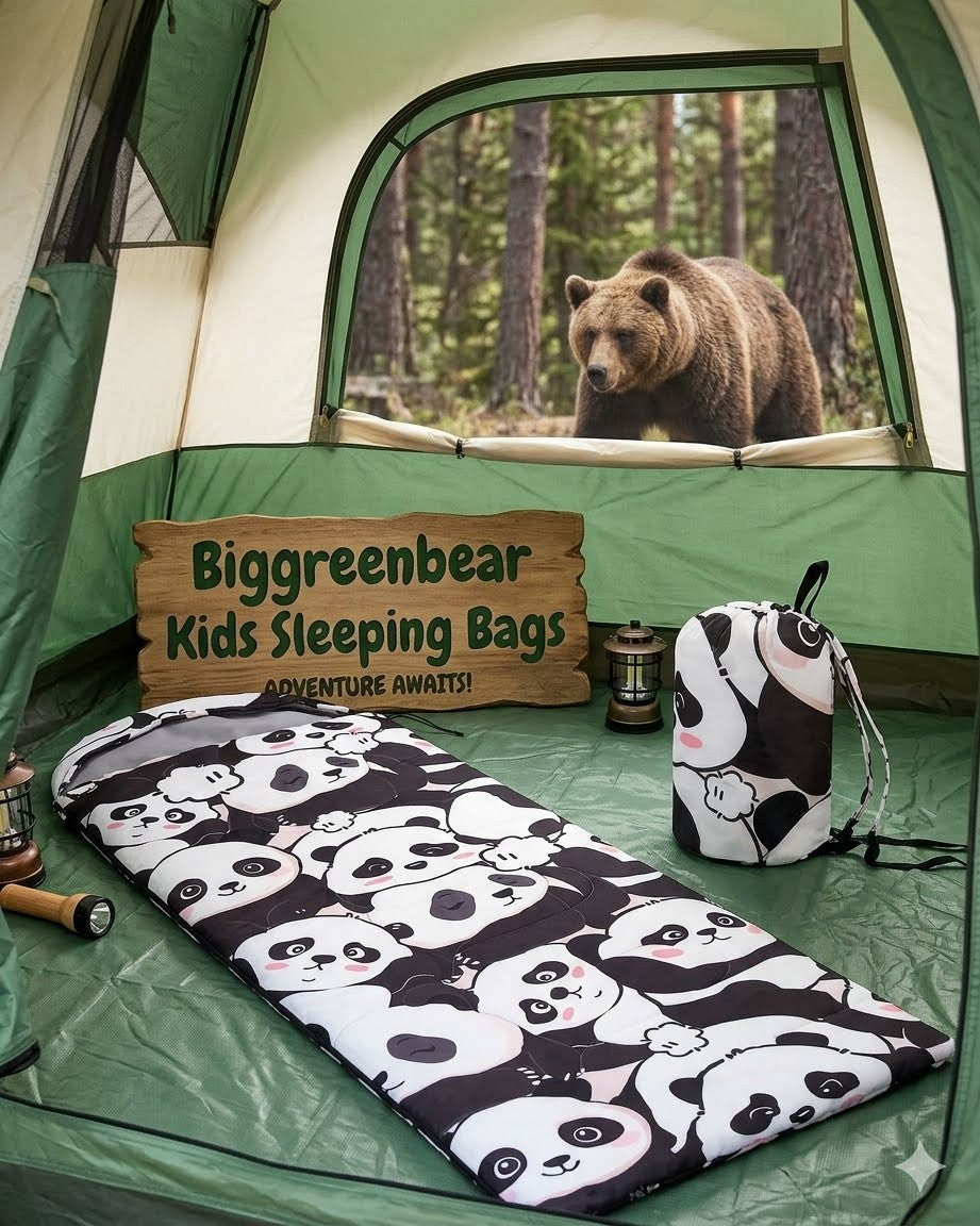 Camping scene with a bear, sleeping bags, and a 'Biggreenbear Kids Sleeping Bags' sign.
