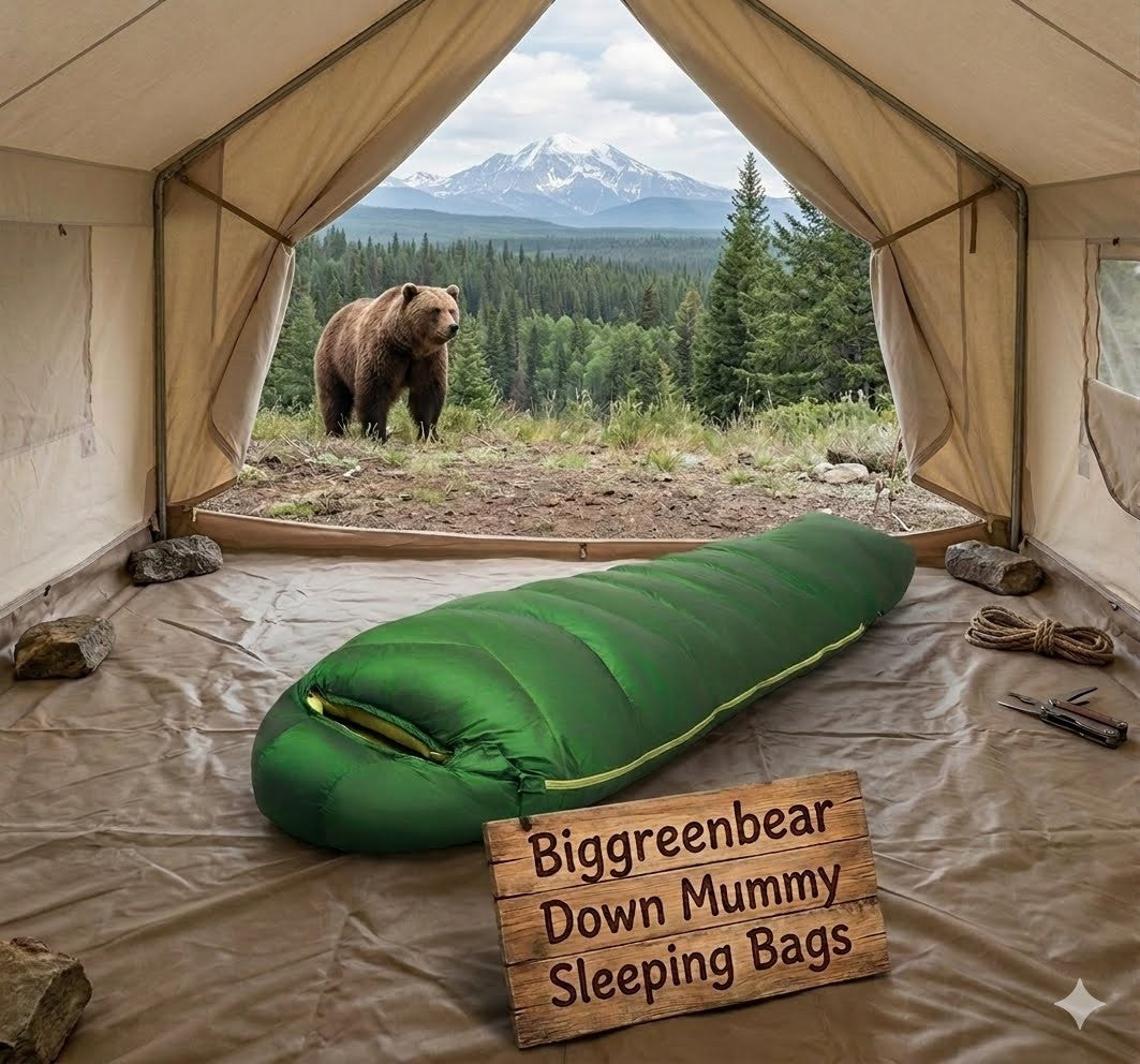 Green sleeping bag in a tent with a bear outside, featuring Biggreenbear branding.
