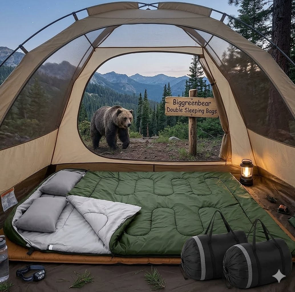 Camping scene with a tent, sleeping bags, and a bear outside. big green bear