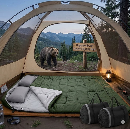 Camping scene with a tent, sleeping bags, and a bear outside. big green bear