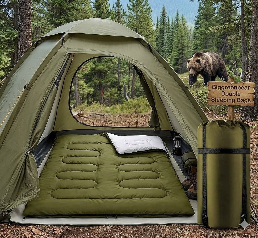 Camping tent with sleeping pad and bear in the background big green bear