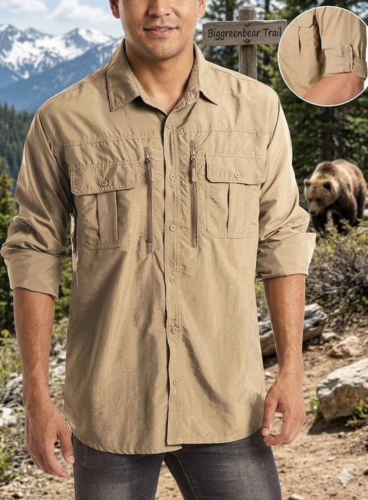Man wearing a beige shirt outdoors with a bear in the background big gree bear