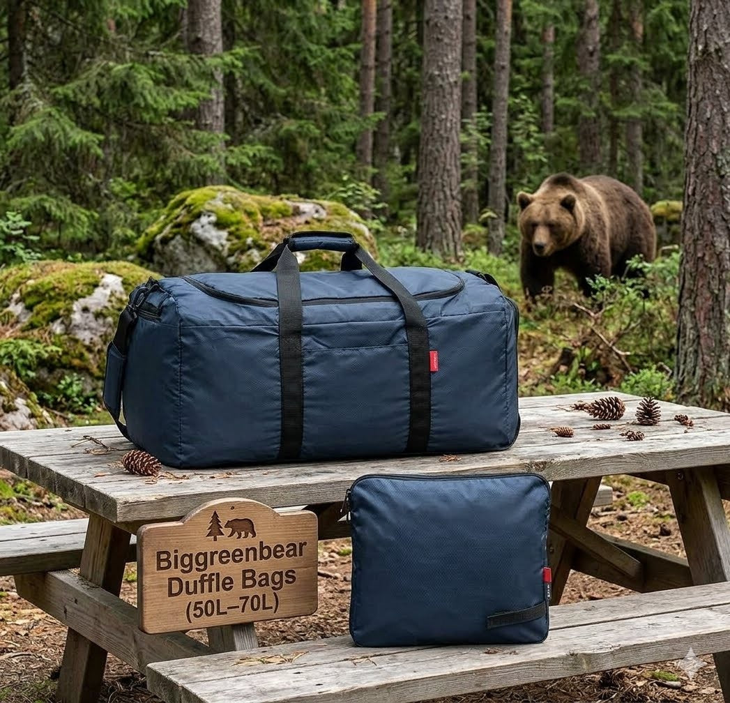 Blue duffel bag on a wooden picnic table with a bear in the background in a forest setting. big green bear