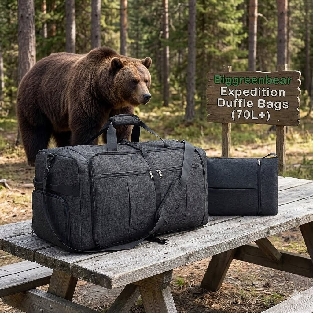 Gray duffel bag on a wooden bench with a bear and 'Biggreenbear' sign in a forest setting