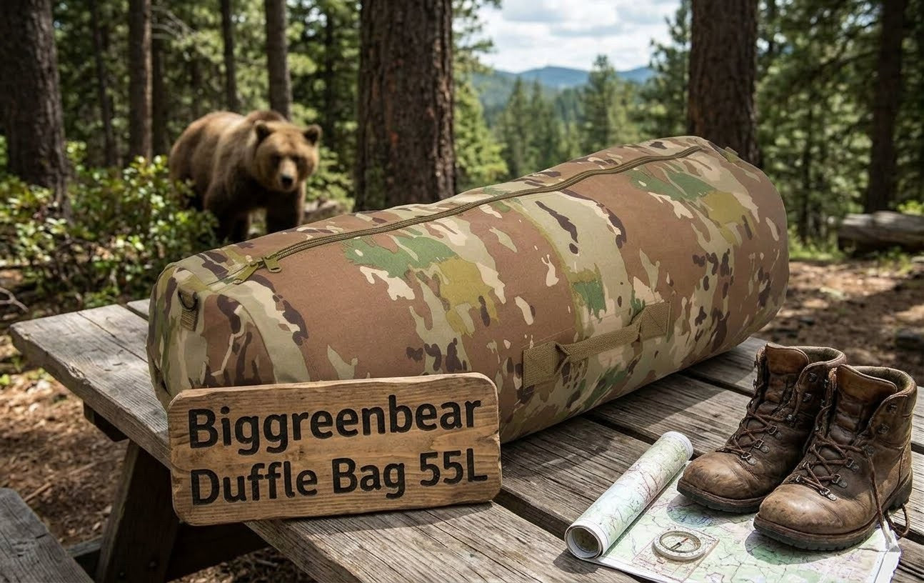 Camouflage duffel bag labeled 'Biggreenbear Duffle Bag 55L' on a wooden table with a bear in the background.