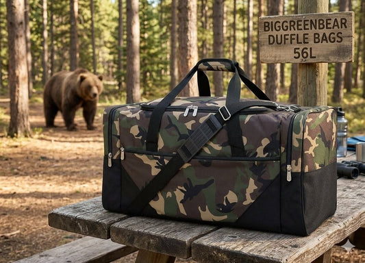 Camouflage duffel bag on a wooden table with a bear in the background and a sign reading 'BIGGREENBEAR DUFFEL BAGS 56L'.
