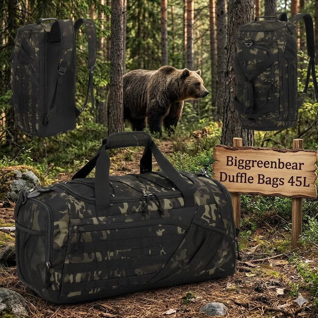 Camouflage duffel bag in a forest with a bear and 'Biggreenbear Duffle Bags 45L' sign.