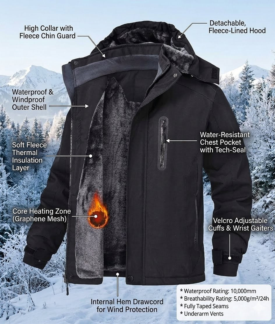 Insulated jacket with features highlighted against a snowy background