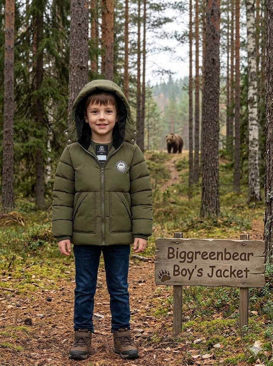 Child wearing a green jacket in a forest with a bear in the background and a sign reading 'Biggreenbear Boy's Jacket'.