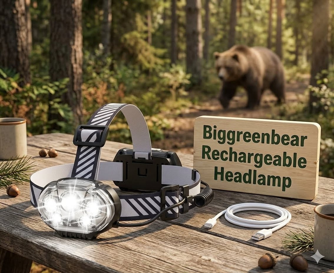 Rechargeable headlamp on a wooden table with a bear in the background big green bear