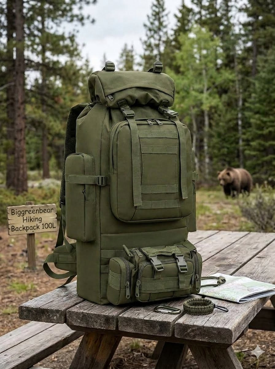 Green hiking backpack on a wooden table with a bear in the background