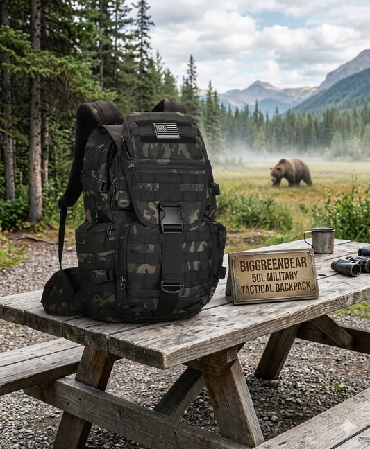 Camouflage backpack on a wooden table with a bear in the background big green bear