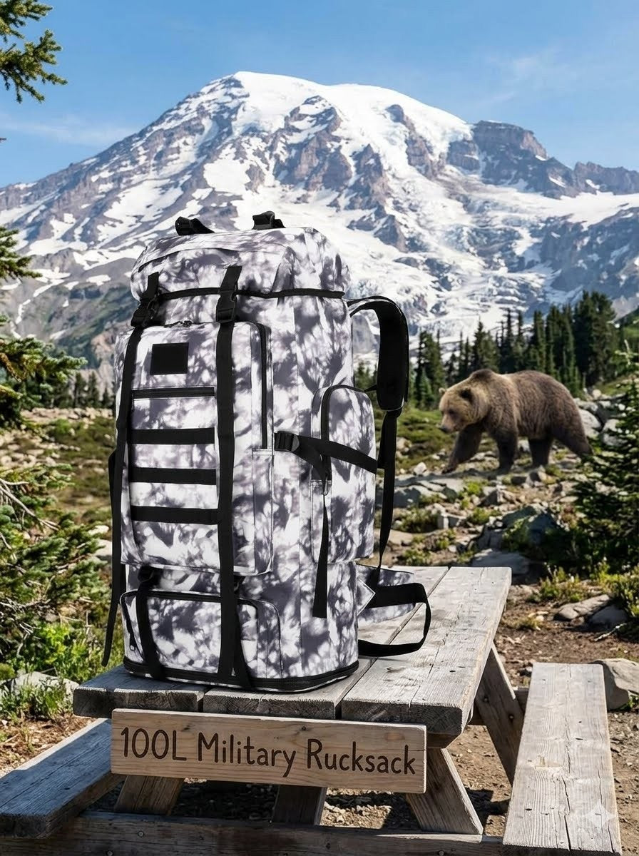 100L Military Rucksack with bear and mountain in the background big green bear