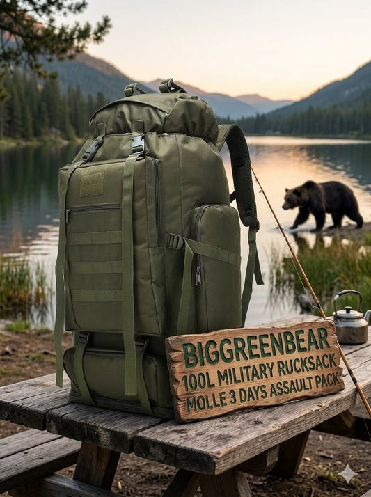 Green military rucksack on a wooden table with a bear and lake in the background big green bear