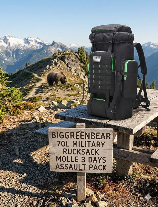 Black military rucksack on a wooden bench with a bear and mountainous landscape in the background, featuring a sign for 'BigGreenBear' rucksack.