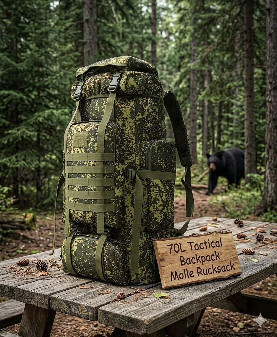 Camouflage tactical backpack on a wooden table in a forest with a bear in the background BIG GREEN BEAR
