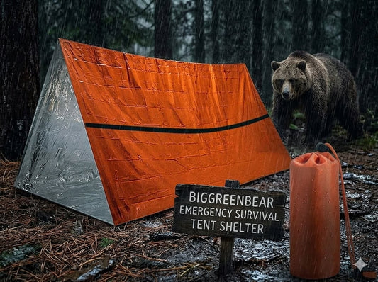Emergency survival tent shelter with a bear in the background in a forest setting. big green bear
