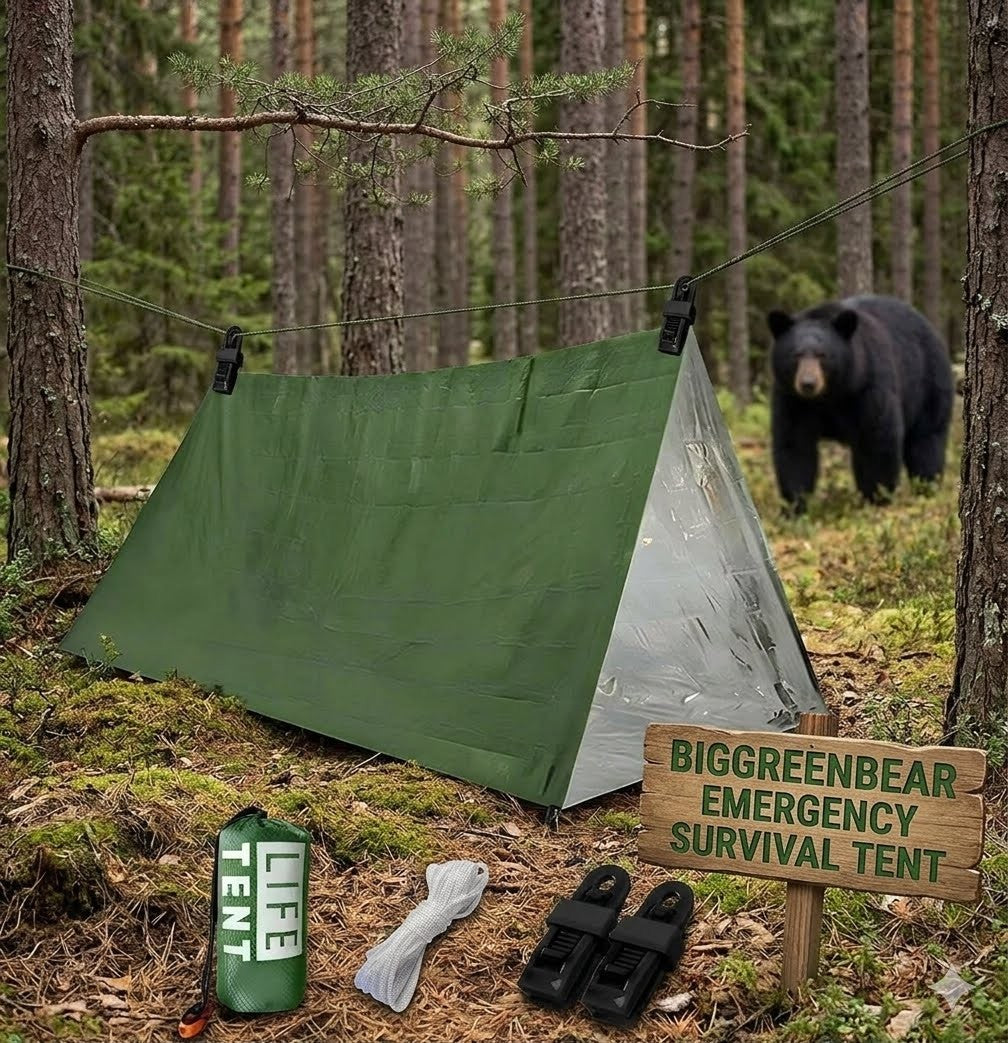 Emergency survival tent set up in a forest with a bear in the background big green bear