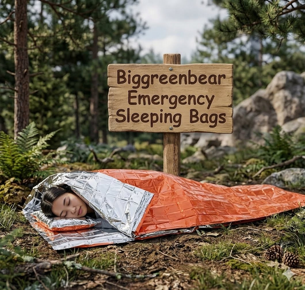 Person using Biggreenbear emergency sleeping bags in a forest setting.